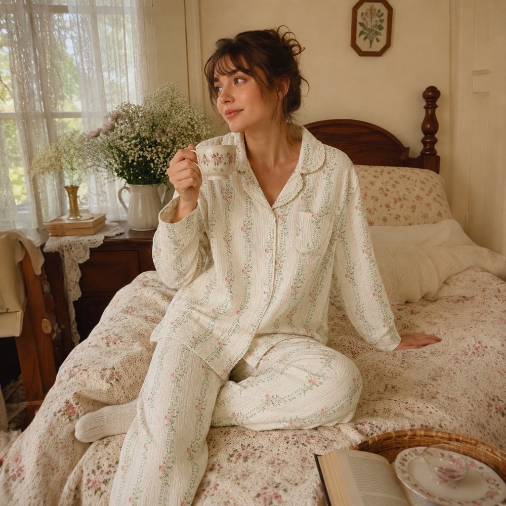 The Fleece Company Pajama Set 100% Cotton Muslin Gauze Floral Cream Womens Large